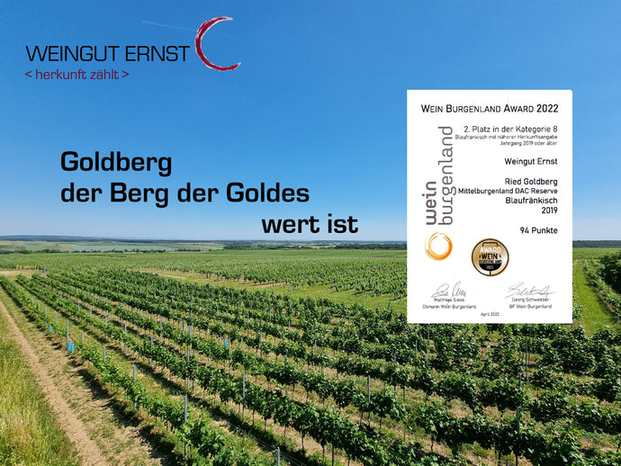 Blaufränkisch Ried Goldberg 2019 - 2. Platz mit 94 Punkten beim Wein Burgenland Award 2022